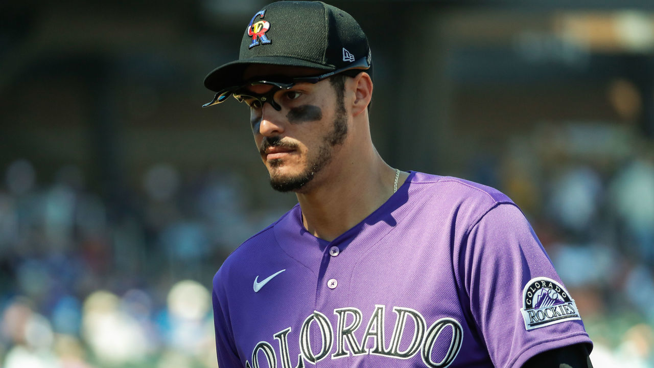 SCOTTSDALE, AZ - MARCH 03: Colorado Rockies third baseman Nolan Arenado (28) looks on during the spring training MLB baseball game between the Chicago Cubs and the Colorado Rockies on March 3, 2020 at Salt River Fields at Talking Stick in Scottsdale, Arizona.