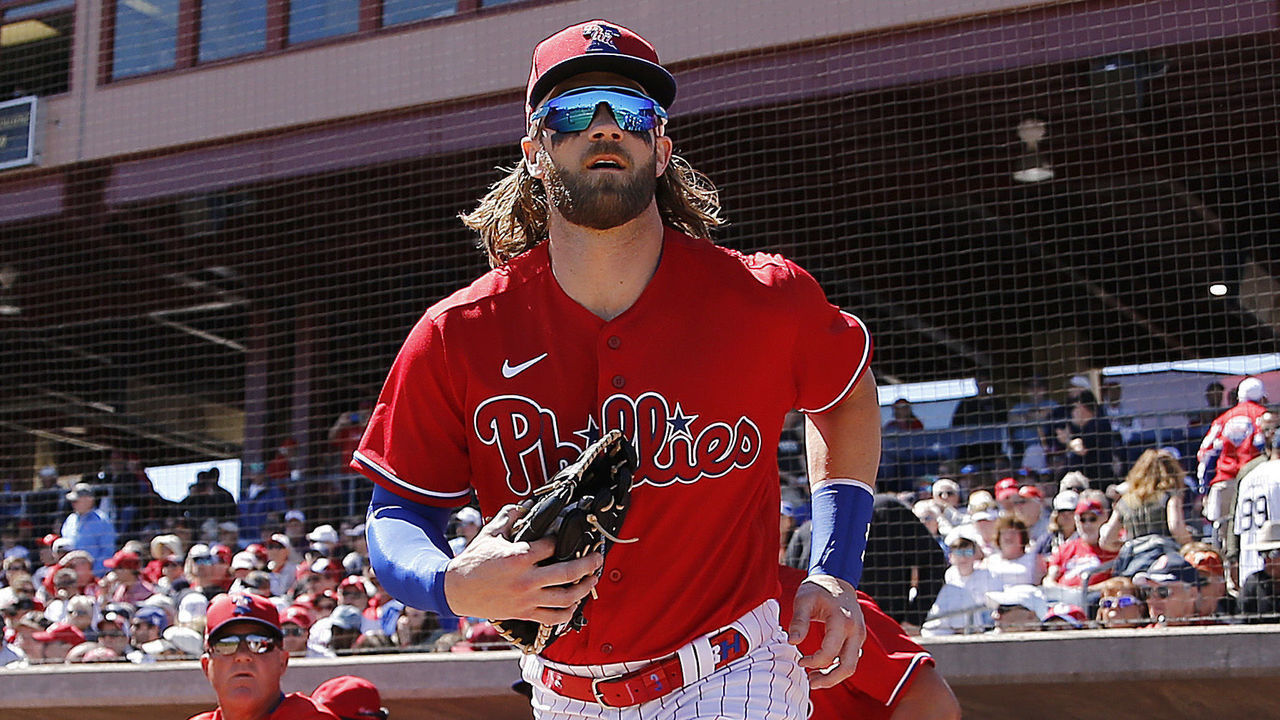 CLEARWATER, FLORIDA - MARCH 07: Bryce Harper #3 of the Philadelphia Phillies looks on prior to a Grapefruit League spring training game against the Boston Red Sox on March 07, 2020 in Clearwater, Florida.