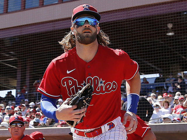 CLEARWATER, FLORIDA - MARCH 07: Bryce Harper #3 of the Philadelphia Phillies looks on prior to a Grapefruit League spring training game against the Boston Red Sox on March 07, 2020 in Clearwater, Florida.