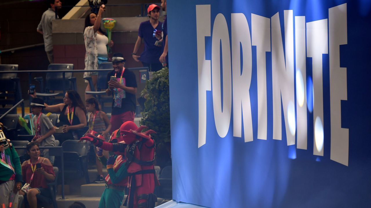 A Fortnite logo is pictured during the final of the Solo competition at the 2019 Fortnite World Cup July 28, 2019 inside of Arthur Ashe Stadium, in New York City.