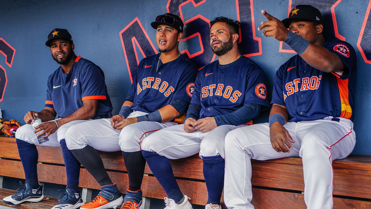 WEST PALM BEACH, FLORIDA - MARCH 10: Houston Astros sit in the dugout during the spring training game against the New York Mets at FITTEAM Ballpark of The Palm Beaches on March 10, 2020 in West Palm Beach, Florida.