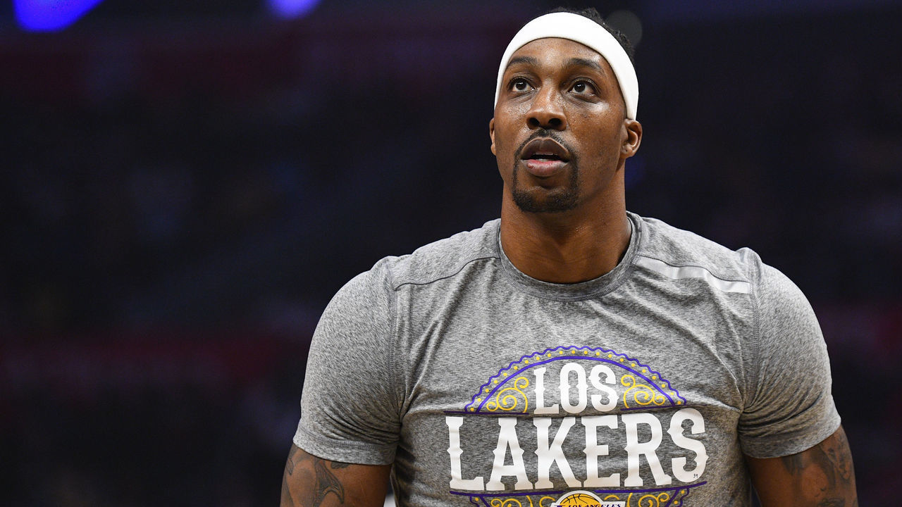LOS ANGELES, CA - MARCH 08: Los Angeles Lakers Center Dwight Howard (39) looks on before a NBA game between the Los Angeles Lakers and the Los Angeles Clippers on March 8, 2020 at STAPLES Center in Los Angeles, CA.