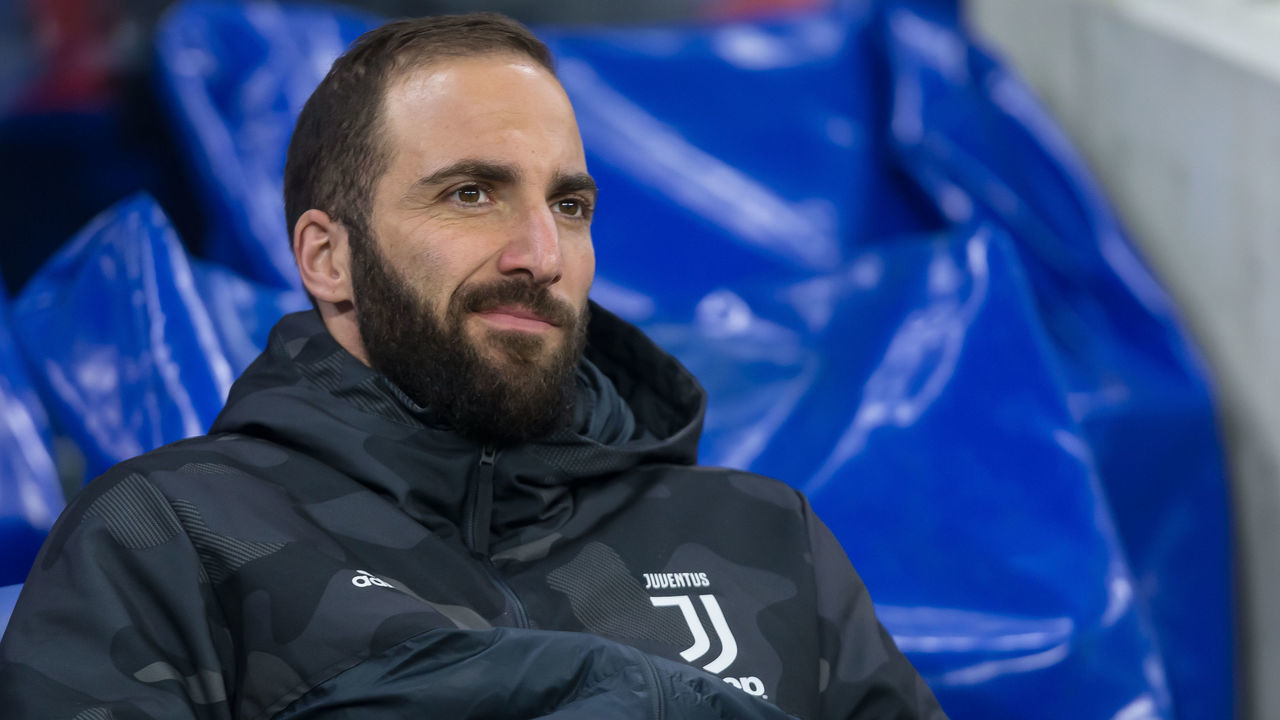 LYON, FRANCE - FEBRUARY 26: (BILD ZEITUNG OUT) Gonzalo Higuain of Juventus Looks on during the UEFA Champions League round of 16 first leg match between Olympique Lyon and Juventus at Parc Olympique on February 26, 2020 in Lyon, France.
