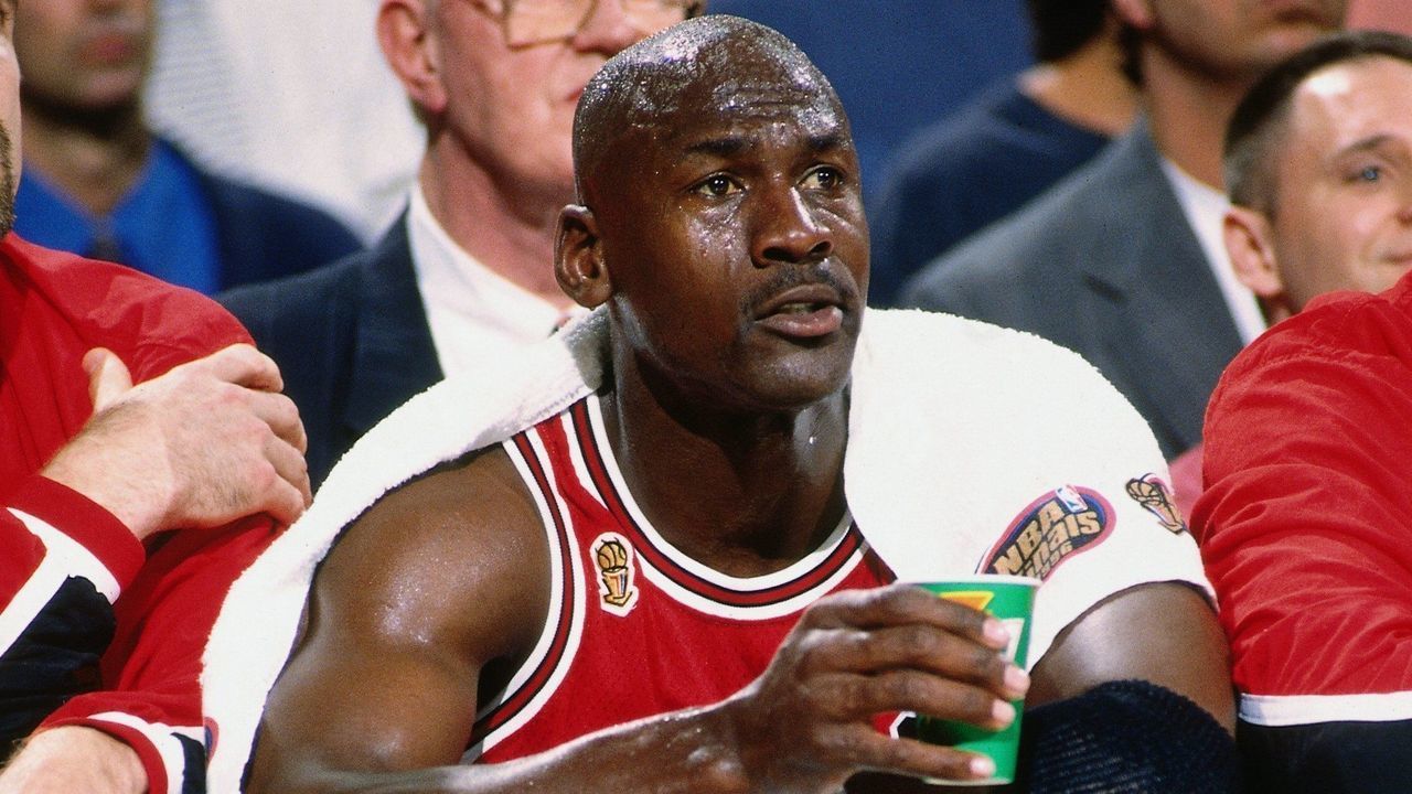SALT LAKE CITY, UT - JUNE 11: Michael Jordan #23 of the Chicago Bulls sits on the bench wrapped in towels during Game Five of the 1997 NBA Finals played against the Utah Jazz on June 11, 1997 at the Delta Center in Salt Lake City, Utah. The Chicago Bulls defeated the Utah Jazz 90-88. Mandatory Copyright Notice: Copyright 1997 NBAE