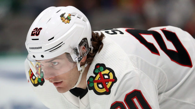 DALLAS, TEXAS - FEBRUARY 23: Brandon Saad #20 of the Chicago Blackhawks in the third period at American Airlines Center on February 23, 2020 in Dallas, Texas.