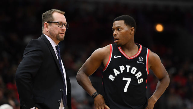 CHICAGO, ILLINOIS - OCTOBER 26: Head coach Nick Nurse of the Toronto Raptors speaks with Kyle Lowry #7 during the second half of a game against the Chicago Bulls at United Center on October 26, 2019 in Chicago, Illinois.