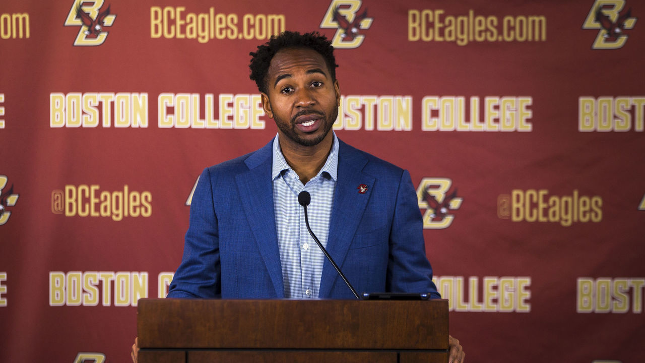 NEWTON, MA - DECEMBER 2: Boston College athletic director Martin Jarmond speaks during the press conference in regards to the football coaching change at Conte Forum in the Chestnut Hill section of Newton, MA on Dec. 2, 2019. As Boston College begins its search for a new head football coach after firing Steve Addazio Sunday, athletic director Martin Jarmond made it clear that the program was far from reaching its potential and its next leader would be tasked with actualizing Jarmonds vision for one thats constantly progressing.