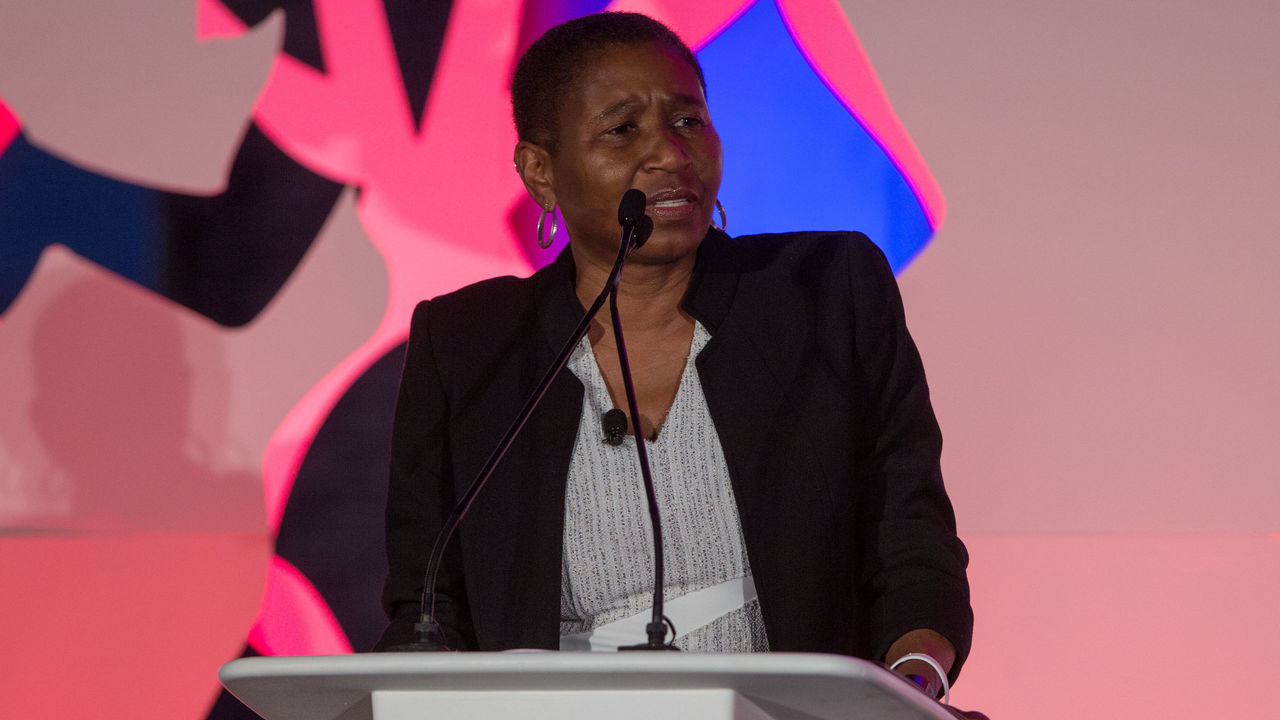 DANA POINT, CA - OCTOBER 14: Keynote speaker Michele Roberts addresses the audience during the espnW Summit 2015 at St. Regis Monarch Resort on October 14, 2015 in Dana Point, California.