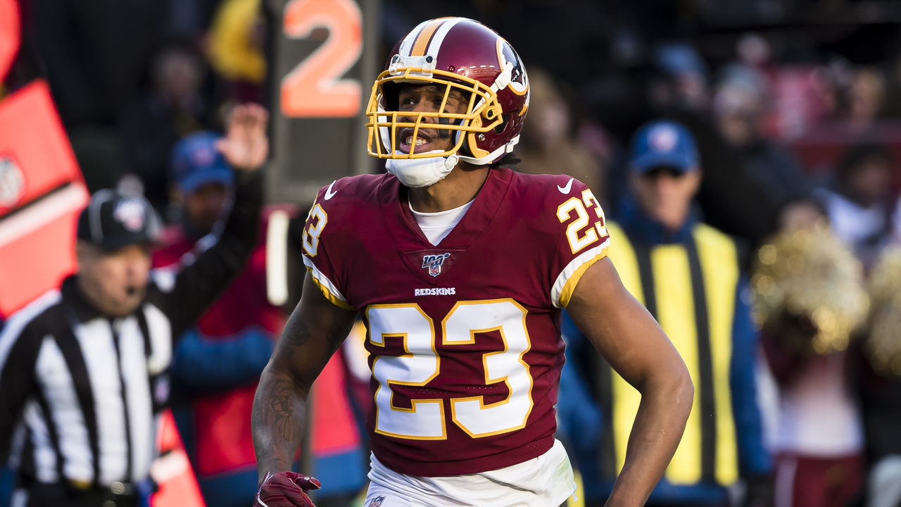 LANDOVER, MD - NOVEMBER 24: Quinton Dunbar #23 of the Washington Redskins reacts after a play against the Detroit Lions during the second half at FedExField on November 24, 2019 in Landover, Maryland.