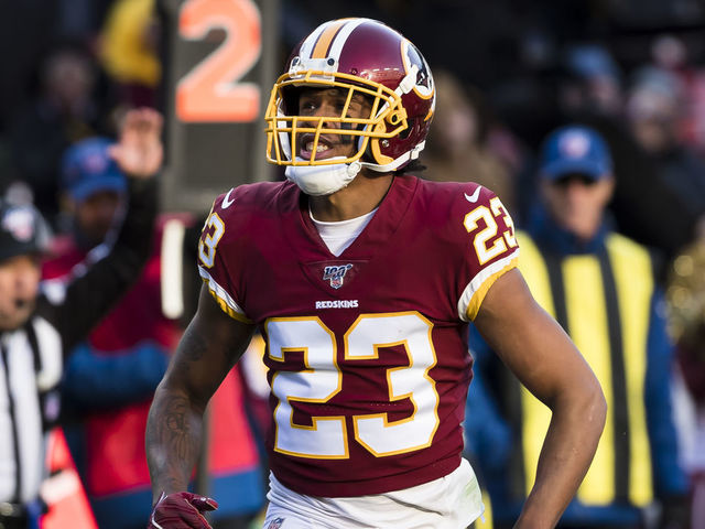 LANDOVER, MD - NOVEMBER 24: Quinton Dunbar #23 of the Washington Redskins reacts after a play against the Detroit Lions during the second half at FedExField on November 24, 2019 in Landover, Maryland.