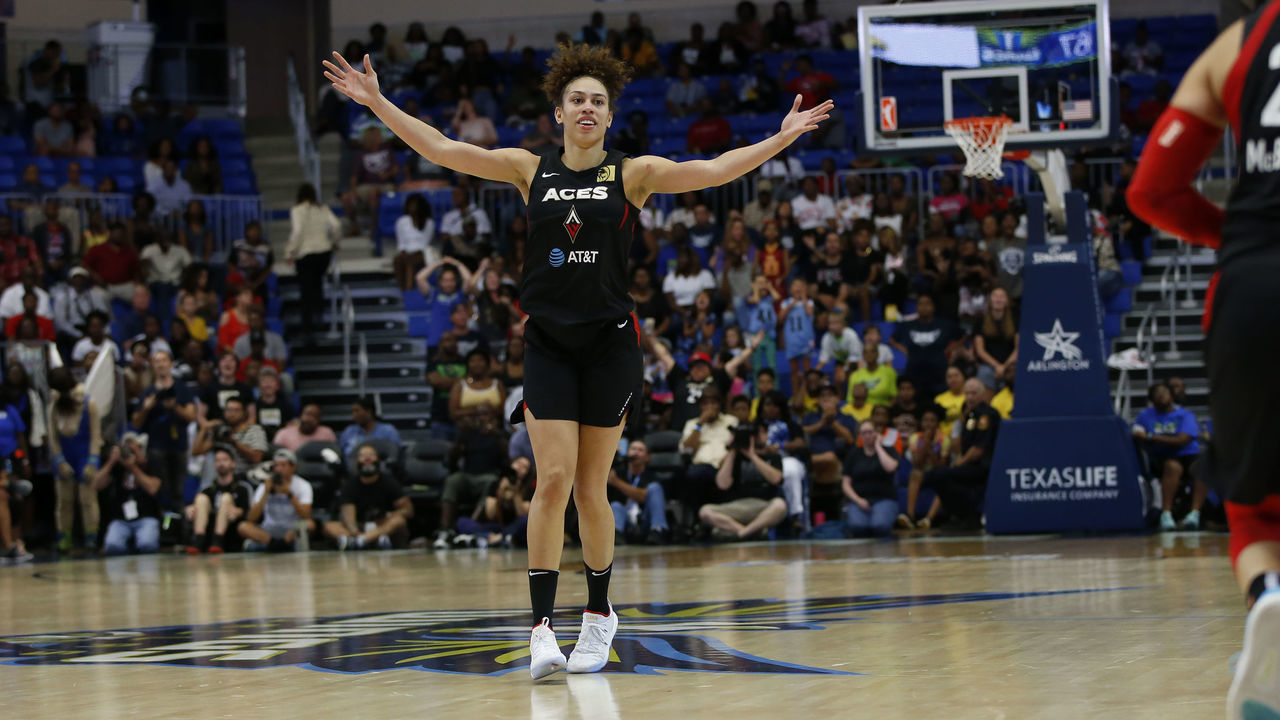ARLINGTON, TX - AUGUST 3: Dearica Hamby #5 of the Las Vegas Aces reacts against the Dallas Wings on August 3, 2019 at the College Park Center in Arlington, Texas. Mandatory Copyright Notice: Copyright 2019 NBAE