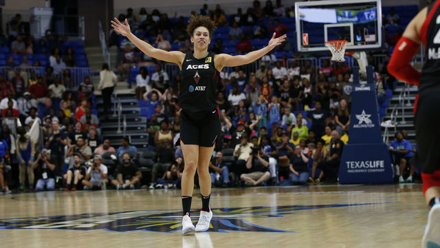 ARLINGTON, TX - AUGUST 3: Dearica Hamby #5 of the Las Vegas Aces reacts against the Dallas Wings on August 3, 2019 at the College Park Center in Arlington, Texas. Mandatory Copyright Notice: Copyright 2019 NBAE