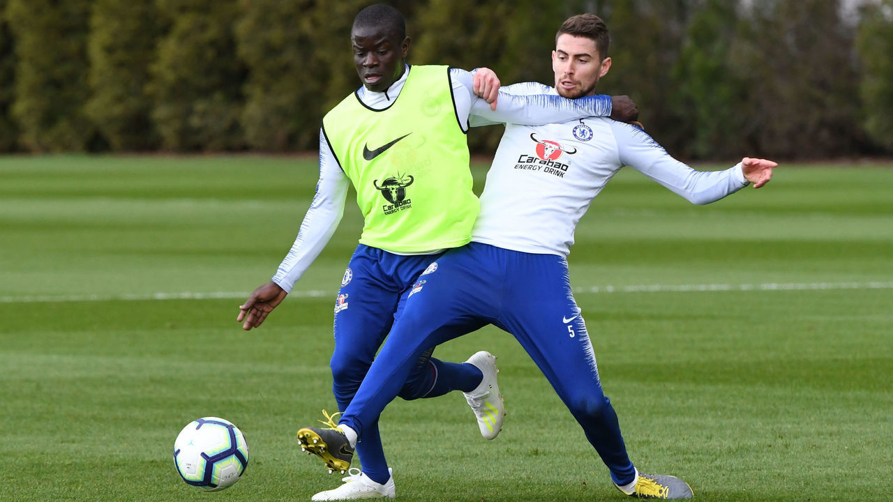 COBHAM, ENGLAND - APRIL 02: Ngolo Kante and Jorginho of Chelsea during the afternoon training session at Chelsea Training Ground on April 2, 2019 in Cobham, England.