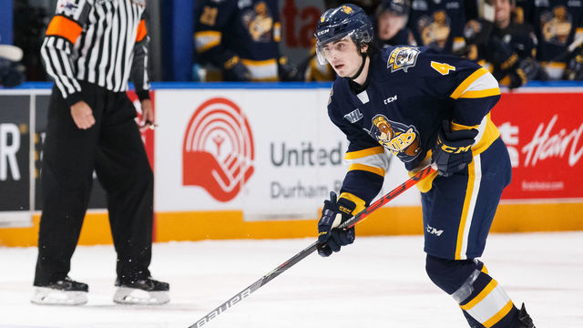 OSHAWA, ON - NOVEMBER 22: Jamie Drysdale #4 of the Erie Otters skates with the puck during an OHL game against the Oshawa Generals at the Tribute Communities Centre on November 22, 2019 in Oshawa, Ontario, Canada.