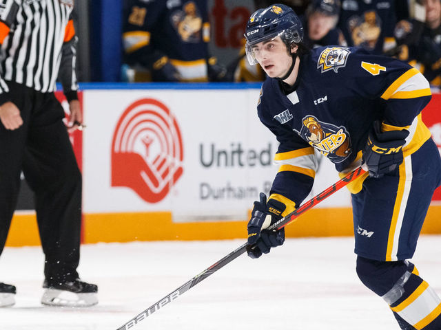 OSHAWA, ON - NOVEMBER 22: Jamie Drysdale #4 of the Erie Otters skates with the puck during an OHL game against the Oshawa Generals at the Tribute Communities Centre on November 22, 2019 in Oshawa, Ontario, Canada.