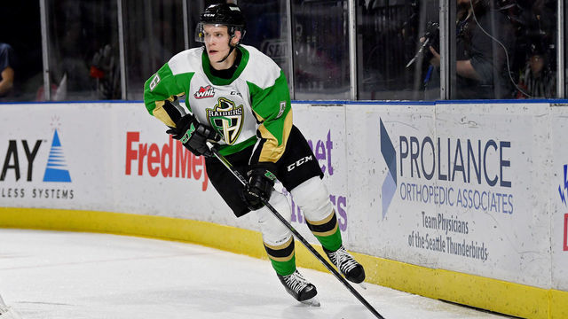 KENT, WASHINGTON - OCTOBER 22: Kaiden Guhle #6 of the Prince Albert Raiders controls the puck during the third period of the game against the Prince Albert Raiders at accesso ShoWare Center on October 22, 2019 in Kent, Washington. The Seattle Thunderbirds top the Prince Albert Raiders 3-1.
