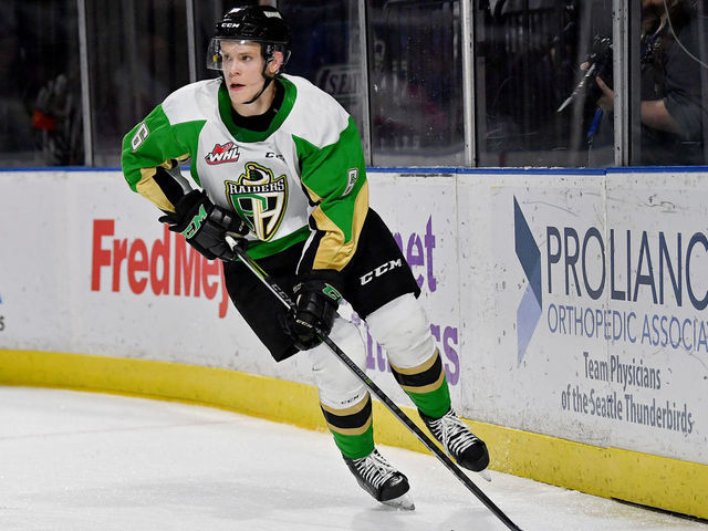 KENT, WASHINGTON - OCTOBER 22: Kaiden Guhle #6 of the Prince Albert Raiders controls the puck during the third period of the game against the Prince Albert Raiders at accesso ShoWare Center on October 22, 2019 in Kent, Washington. The Seattle Thunderbirds top the Prince Albert Raiders 3-1.