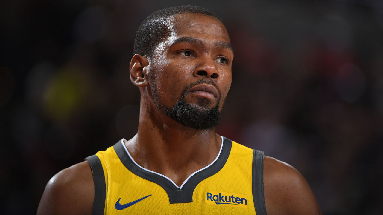 PORTLAND, OR - DECEMBER 29: Kevin Durant #35 of the Golden State Warriors looks on during the game against the Portland Trail Blazers on December 29, 2018 at the Moda Center Arena in Portland, Oregon. Mandatory Copyright Notice: Copyright 2018 NBAE