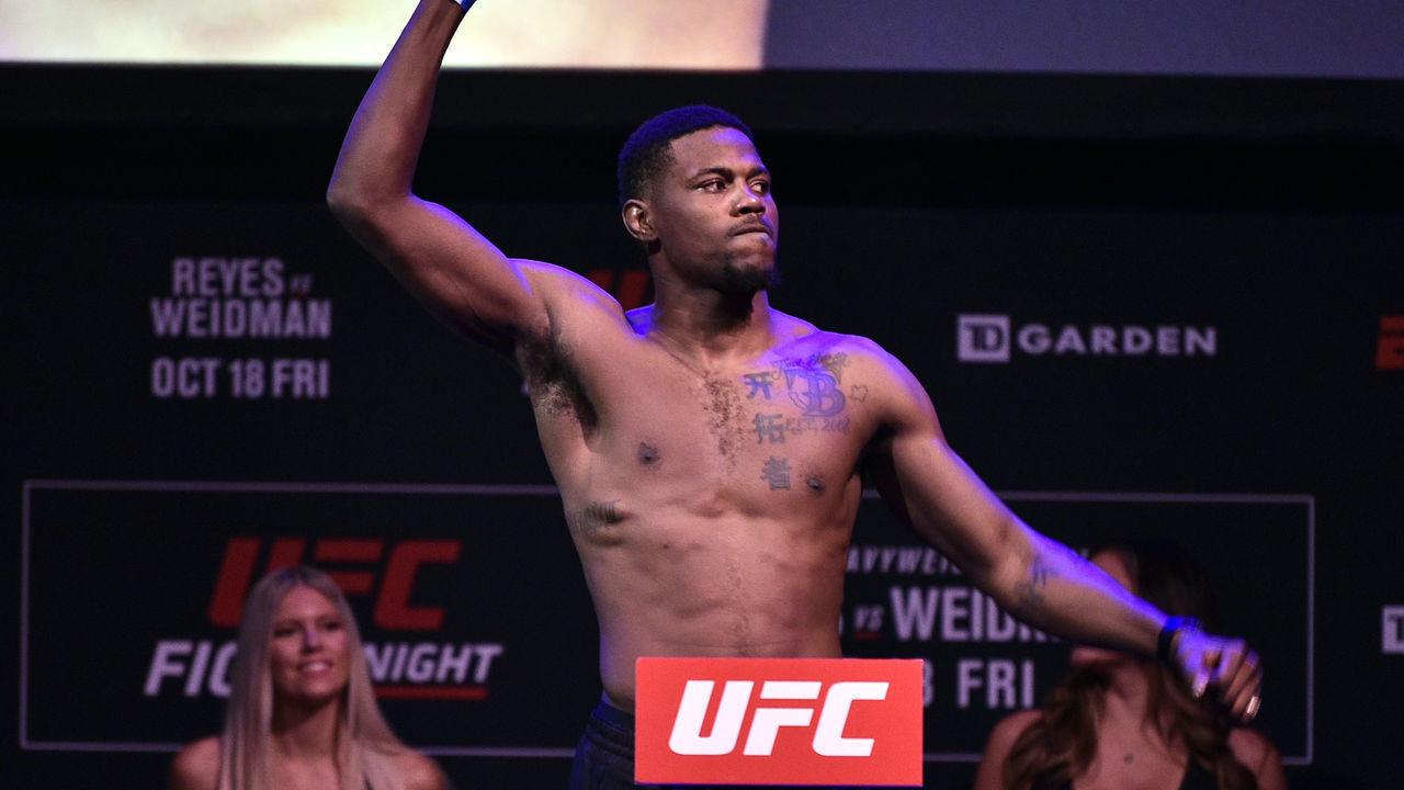 BOSTON, MASSACHUSETTS - OCTOBER 17: Kevin Holland poses on the scale during the UFC weigh-in at Orpheum Theatre on October 17, 2019 in Boston, Massachusetts.