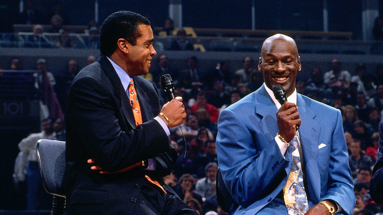 CHICAGO, IL - NOVEMBER 1: Michael Jordan laughs during Michael Jordan's jersey retirement on November 1, 1994 at the United Center in Chicago, Illinois. Mandatory Copyright Notice: Copyright 1994 NBAE