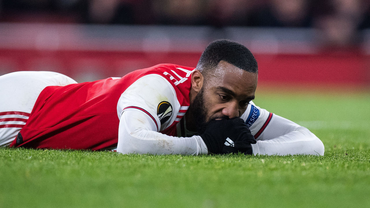 LONDON, ENGLAND - FEBRUARY 27: Alexandre Lacazette of Arsenal FC react during the UEFA Europa League round of 32 second leg match between Arsenal FC and Olympiacos FC at Emirates Stadium on February 27, 2020 in London, United Kingdom.