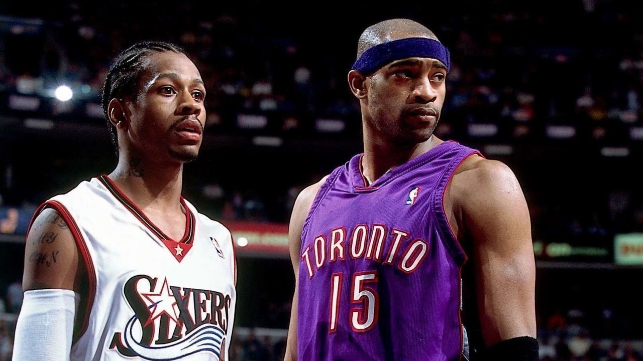PHILADELPHIA - 2001: Allen Iverson #3 of the Philadelphia 76ers matches up against Vince Carter #15 of the Toronto Raptors during a 2001 NBA game at the First Union Center in Philadelphia, Pennsylvania. NOTE TO USER: User expressly acknowledges that, by downloading and or using this photograph, User is consenting to the terms and conditions of the Getty Images License agreement. Mandatory Copyright Notice: Copyright 2001 NBAE