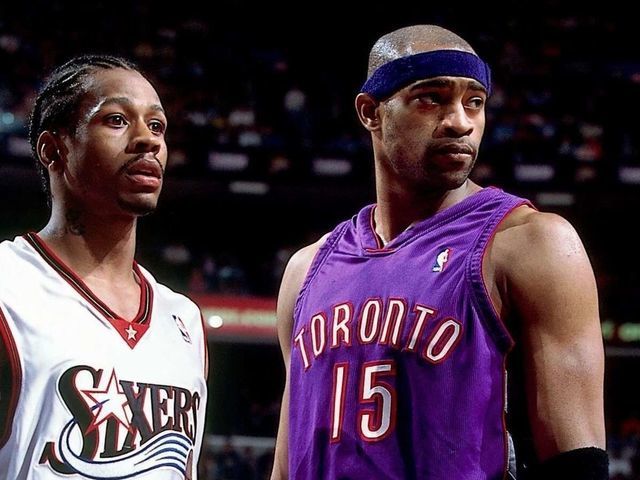 PHILADELPHIA - 2001: Allen Iverson #3 of the Philadelphia 76ers matches up against Vince Carter #15 of the Toronto Raptors during a 2001 NBA game at the First Union Center in Philadelphia, Pennsylvania. NOTE TO USER: User expressly acknowledges that, by downloading and or using this photograph, User is consenting to the terms and conditions of the Getty Images License agreement. Mandatory Copyright Notice: Copyright 2001 NBAE
