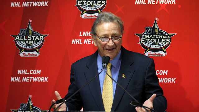 OTTAWA, ON - JANUARY 27: Owner, governor and chairman Eugene Melnyk of the Ottawa Senators speaks from the podium at the unveiling of the NHL All-Star Legacy Playroom at Children's Hospital of Eastern Ontario on January 27, 2012 in Ottawa, Canada.