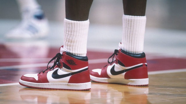 WASHINGTON - 1985: Detail of the "Air Jordan" Nike shoes worn by Chicago Bulls' center Michael Jordan #23 during a game against the Washington Bullets at Capital Centre circa 1985 in Washington, D.C..