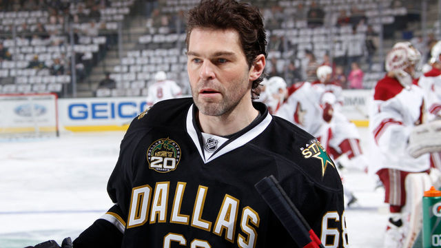DALLAS, TX - JANUARY 19: Jaromir Jagr #68 of the Dallas Stars skates during warm ups against the Phoenix Coyotes at the American Airlines Center on January 19, 2013 in Dallas, Texas.