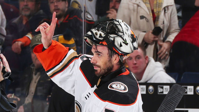 BUFFALO, NY - FEBRUARY 9: Ryan Miller #30 of the Anaheim Ducks salutes Buffalo Sabres fans after an NHL game on February 9, 2020 at KeyBank Center in Buffalo, New York. Anaheim won, 3-2.