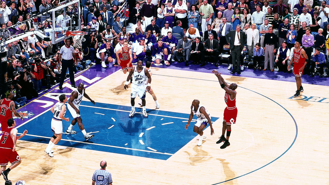 SAL LAKE CITY - JUNE 14: Michael Jordan #23 of the Chicago Bulls shoots the game winner against the Utah Jazz in the 1998 NBA FINALS of Game 6. The shot gave the Bulls their sixth NBA title, 87-86 at the Delta Center, Salt Lake City, Utah. NOTE TO USER: User expressly acknowledges and agrees that, by downloading and or using this photograph, User is consenting to the terms and conditions of the Getty Images License Agreement. Mandatory copyright notice: Copyright NBAE 2002