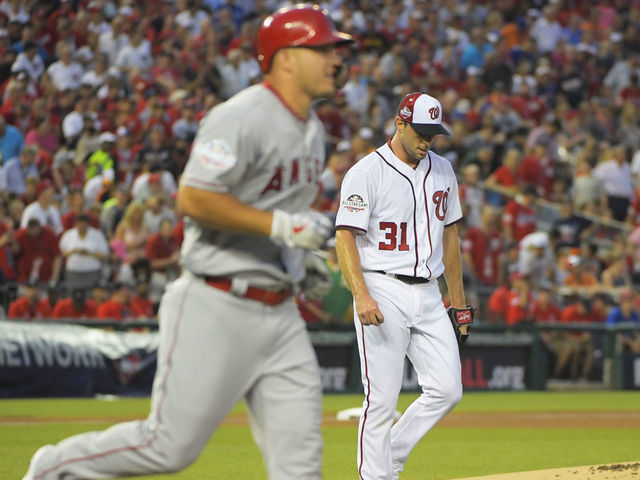 WASHINGTON, D.C. - JULY 17: Washington Nationals and the National League pitcher Max Scherzer (31) walks off after giving up a hit to Los Angeles Angels of Anaheim and the American League outfielder Mike Trout (27) during the 2018 All-Star Game at Nationals Park on Tuesday, July 17, 2018.