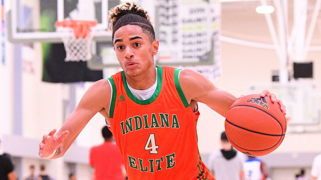 LADERA RANCH, CA - JULY 19: Indiana Elite guard Khristian Lander drives to the bask during the adidas Gauntlet Finale on July 19, 2018 at the Ladera Sports Center in Ladera Ranch, CA.