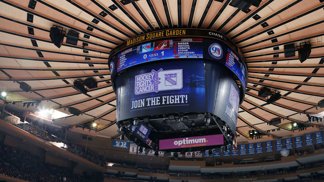 NEW YORK, NY - OCTOBER 23: Hockey Fights Cancer signage is displayed on Gardenvision during Hockey Fights Cancer Awareness Night on October 23, 2016 against the Arizona Coyotes at Madison Square Garden in New York City. The New York Rangers won 3-2. *** Local Caption ***
