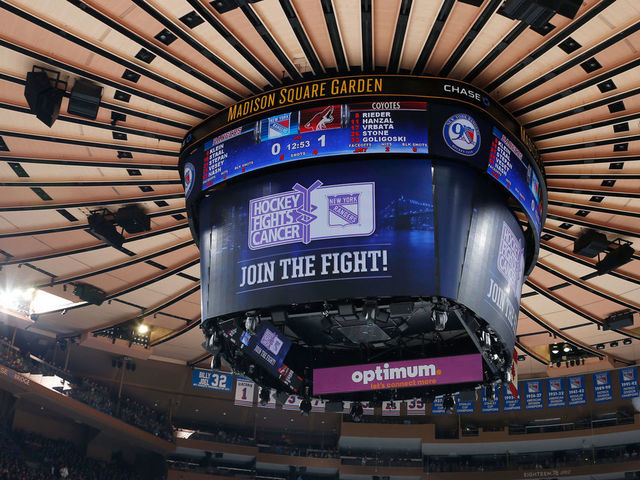 NEW YORK, NY - OCTOBER 23: Hockey Fights Cancer signage is displayed on Gardenvision during Hockey Fights Cancer Awareness Night on October 23, 2016 against the Arizona Coyotes at Madison Square Garden in New York City. The New York Rangers won 3-2. *** Local Caption ***