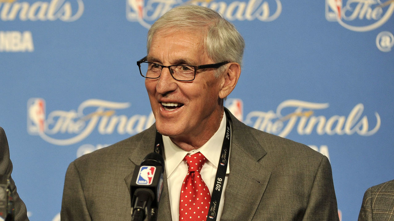CLEVELAND, OH - JUNE 8: Head coach Rick Carlisle of the Dallas Mavericks presents the Chuck Daly Lifetime Achievement Award to co-recipient Jerry Sloan prior to Game Three of the 2016 NBA Finals on June 8, 2016 at The Quicken Loans Arena in Cleveland, Ohio. NOTE TO USER: User expressly acknowledges and agrees that, by downloading and or using this photograph, user is consenting to the terms and conditions of Getty Images License Agreement. Mandatory Copyright Notice: Copyright 2016 NBAE