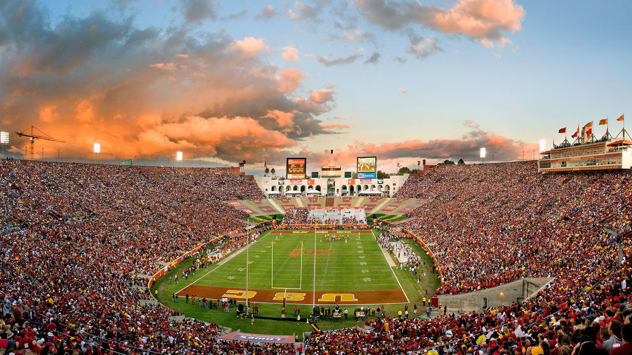 22 September 2007: An overall panoramic view of the the LA Coliseum during sunset during a college football game between the Washington State University cougars and the USC Trojans at the Coliseum in Los Angeles California.