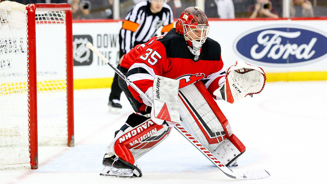 NEWARK, NJ - MARCH 06: New Jersey Devils goaltender Cory Schneider (35) during the National Hockey League game between the New Jersey Devils and the St. Louis Blues on March 6, 2020 at the Prudential Center in Newark, NJ.