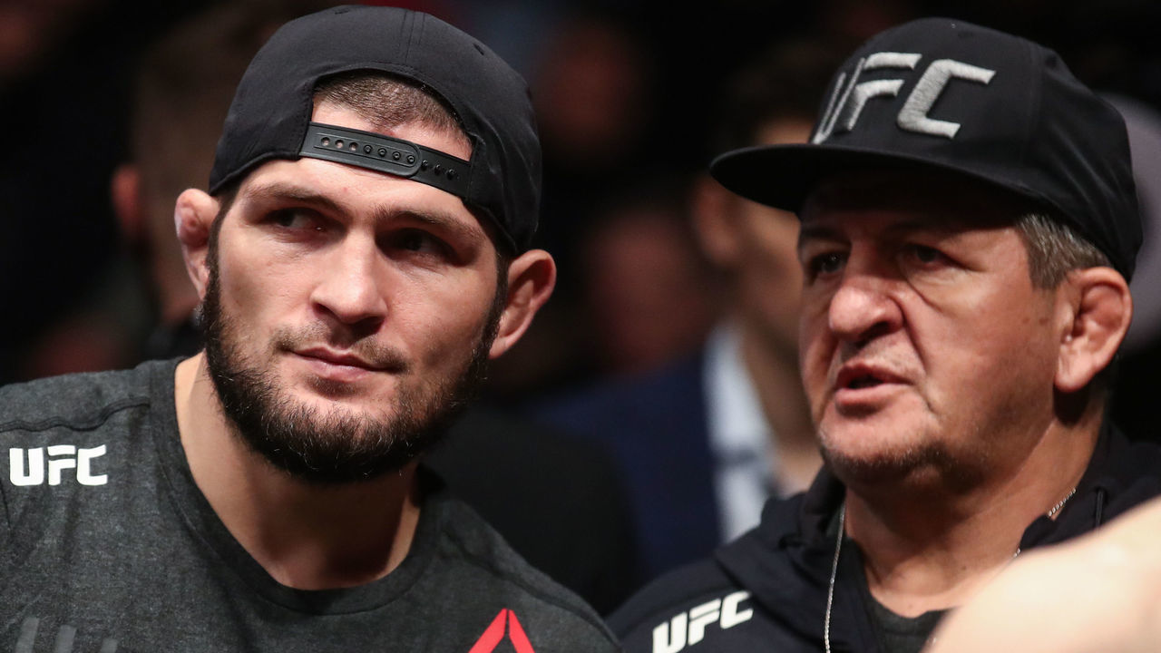 MOSCOW, RUSSIA NOVEMBER 9, 2019: UFC lightweight champion Khabib Nurmagomedov (L) and his father and coach Abdulmanap Nurmagomedov attend the UFC Fight Night 163 mixed martial arts event, at CSKA Arena. Valery Sharifulin/TASS