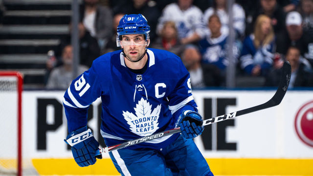 TORONTO, ON - MARCH 10: John Tavares #91 of the Toronto Maple Leafs skates against the Tampa Bay Lightning during the third period at the Scotiabank Arena on March 10, 2020 in Toronto, Ontario, Canada.