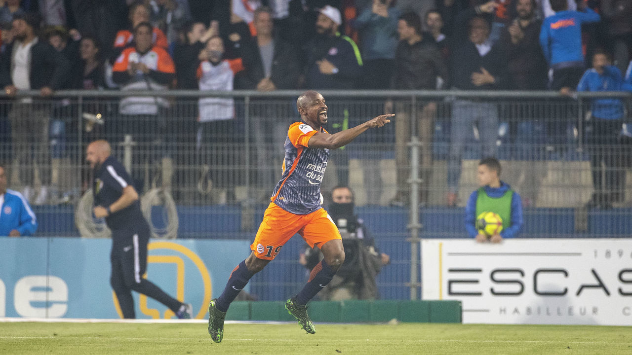MONTPELLIER, FRANCE - April 30: Souleymane Camara #19 of Montpellier celebrates after scoring the match winning goal during the Montpellier Vs Paris Saint-Germain, French Ligue 1 regular season match at Stade de la Mosson on April 30th 2019 in Montpellier, France