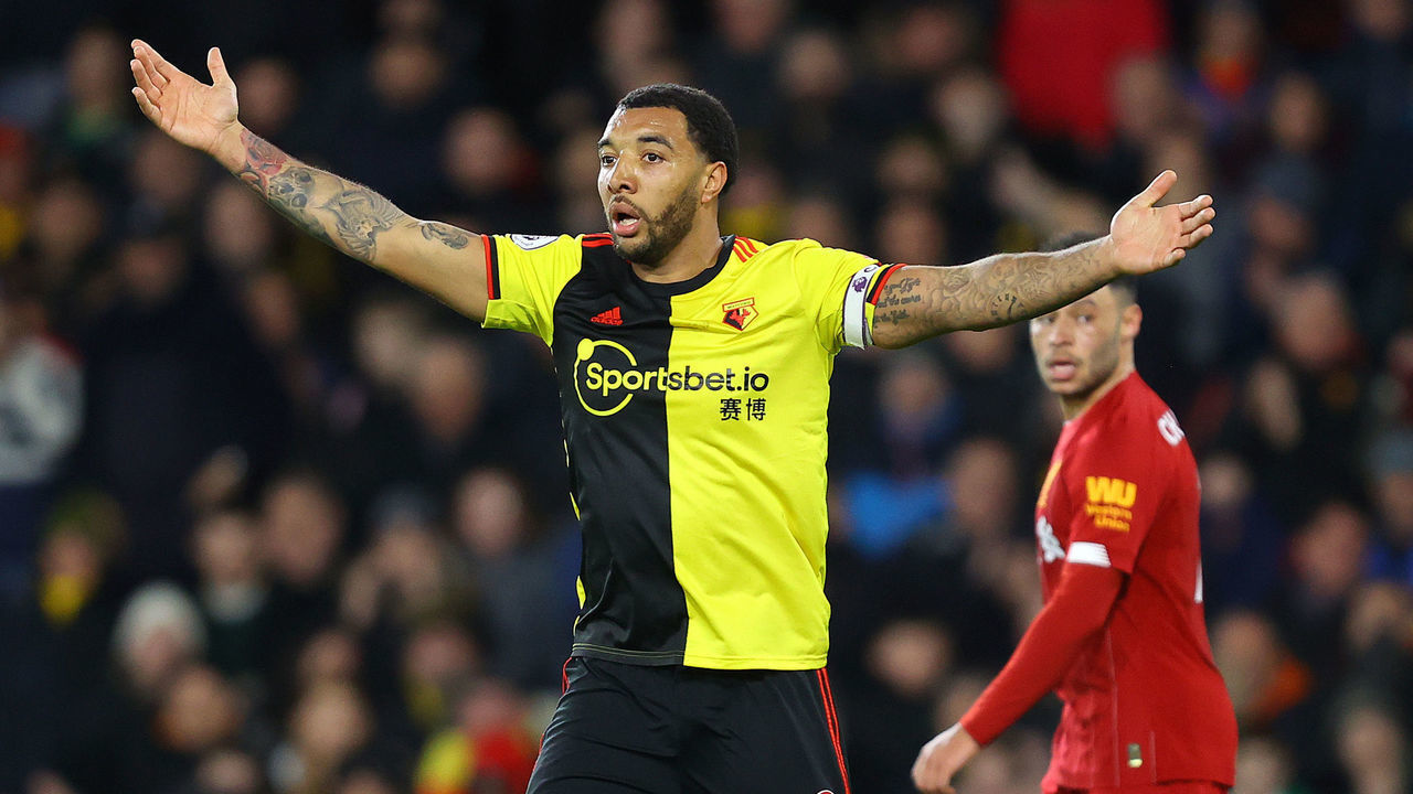 WATFORD, ENGLAND - FEBRUARY 29: Troy Deeney of Watford reacts during the Premier League match between Watford FC and Liverpool FC at Vicarage Road on February 29, 2020 in Watford, United Kingdom.