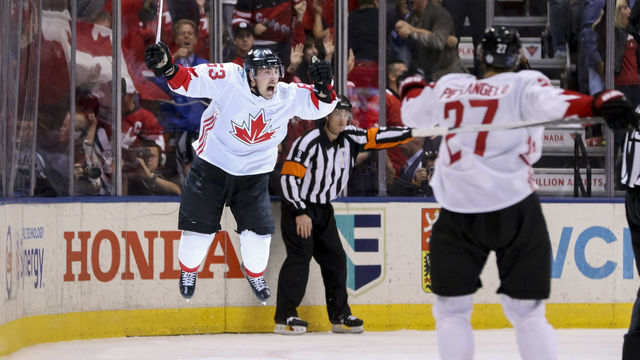 TORONTO, ON - SEPTEMBER 29: Brad Marchand #63 of Team Canada celebrates after scoring a third period goal against Team Europe during Game Two of the World Cup of Hockey final series at the Air Canada Centre on September 29, 2016 in Toronto, Canada. Team Canada defeated Team Europe 2-1.