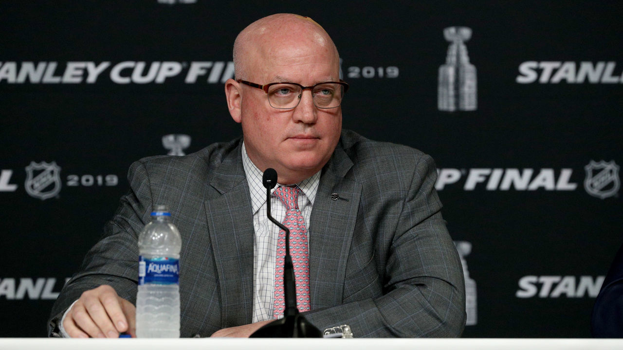 BOSTON, MASSACHUSETTS - MAY 27: Deputy commissioner Bill Daly of the National Hockey League speaks to the media prior to Game One of the 2019 NHL Stanley Cup Final between the St. Louis Blues and the Boston Bruins at TD Garden on May 27, 2019 in Boston, Massachusetts.