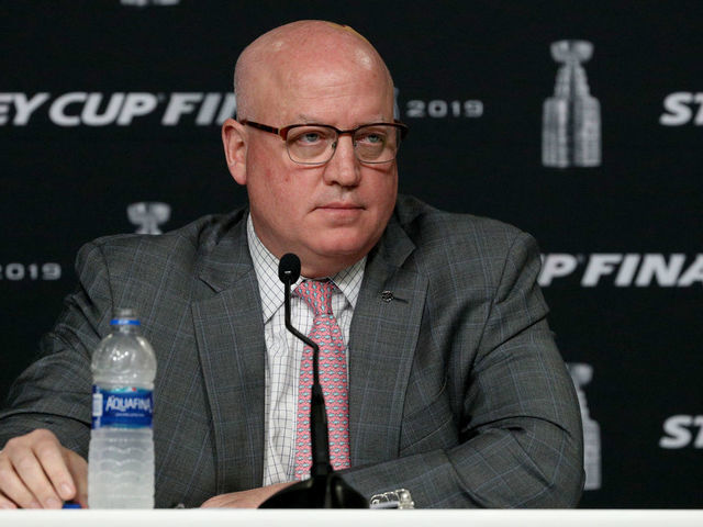 BOSTON, MASSACHUSETTS - MAY 27: Deputy commissioner Bill Daly of the National Hockey League speaks to the media prior to Game One of the 2019 NHL Stanley Cup Final between the St. Louis Blues and the Boston Bruins at TD Garden on May 27, 2019 in Boston, Massachusetts.