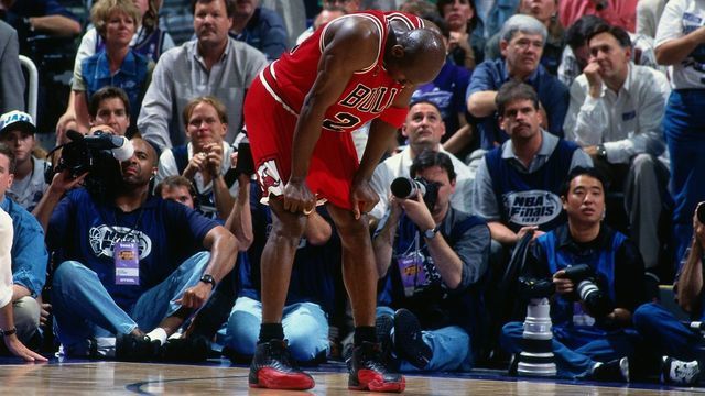 SALT LAKE CITY, UT - JUNE 11: Michael Jordan #23 of the Chicago Bulls rests during Game Five of the 1997 NBA Finals played against the Utah Jazz on June 11, 1997 at the Delta Center in Salt Lake City, Utah. The Chicago Bulls defeated the Utah Jazz 90-88. Mandatory Copyright Notice: Copyright 1997 NBAE