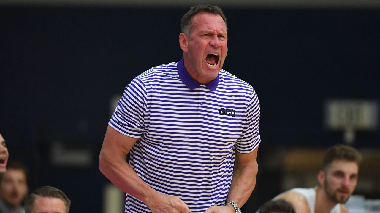 FULLERTON, CA - NOVEMBER 25: Head coach Dan Majerle of the Grand Canyon Lopes yells from the bench in the first half of the game against the La Salle Explorers during the Wooden Legacy Tournament at Titan Gym on November 25, 2018 in Fullerton, California.
