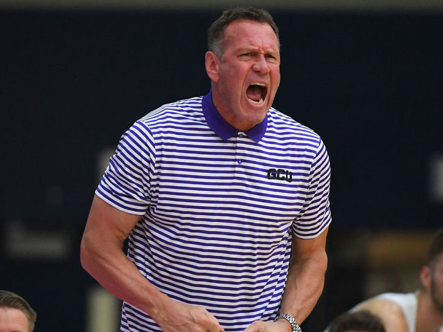 FULLERTON, CA - NOVEMBER 25: Head coach Dan Majerle of the Grand Canyon Lopes yells from the bench in the first half of the game against the La Salle Explorers during the Wooden Legacy Tournament at Titan Gym on November 25, 2018 in Fullerton, California.