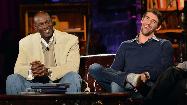 DOWNERS GROVE, IL - SEPTEMBER 24: Michael Jordan and Michael Phelps attend Feherty Live from The Ryder Cup on September 24, 2012 in Downers Grove, Illinois.
